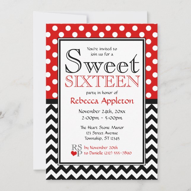 Inbjudningar till Polka Dot Red & Chevron-Sweet si (Framsida)