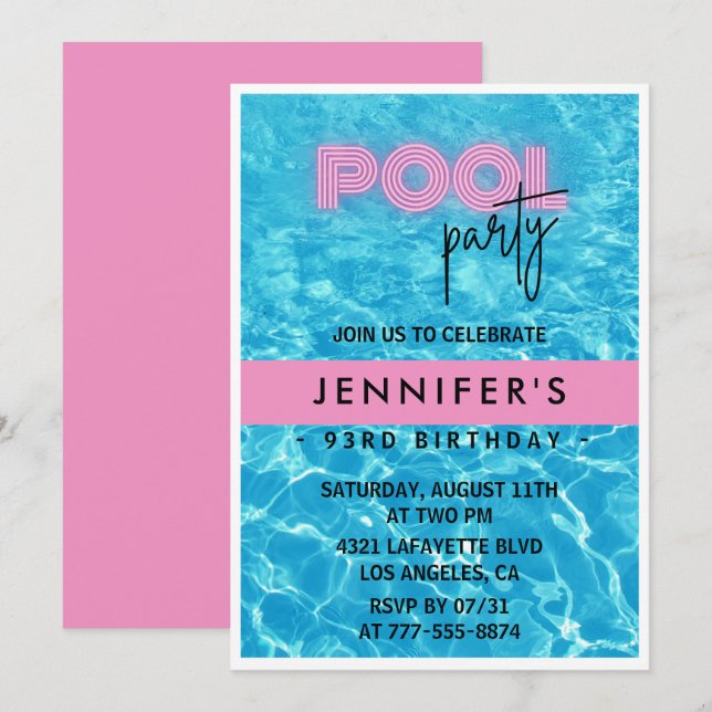 Inbjudningar till Pretty Pink Pool Party 93-årsfir (Fram/baksida)