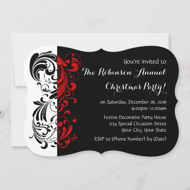 Inbjudningar till Red+Black Elegant Swirl-Julfest (Framsida)
