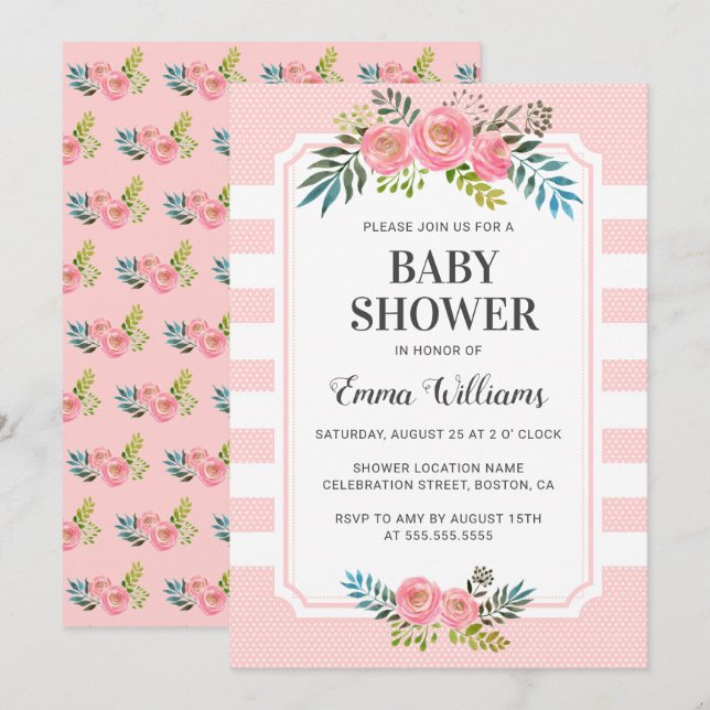 Inbjudningar till rosa Blommigt Girl Baby Shower (Fram/baksida)