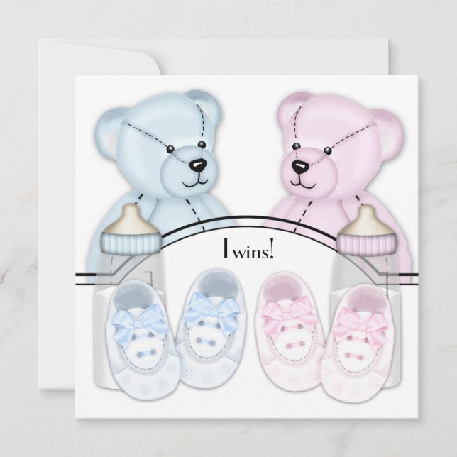 Inbjudningar till rosa Blue Nalle Twin Baby Shower (Framsida)