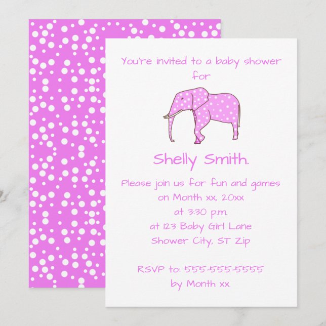 Inbjudningar till rosa Elephant White Dots Baby Sh (Fram/baksida)