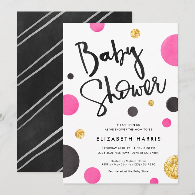 Inbjudningar till rosa & Guld Baby Shower - Polka  (Fram/baksida)