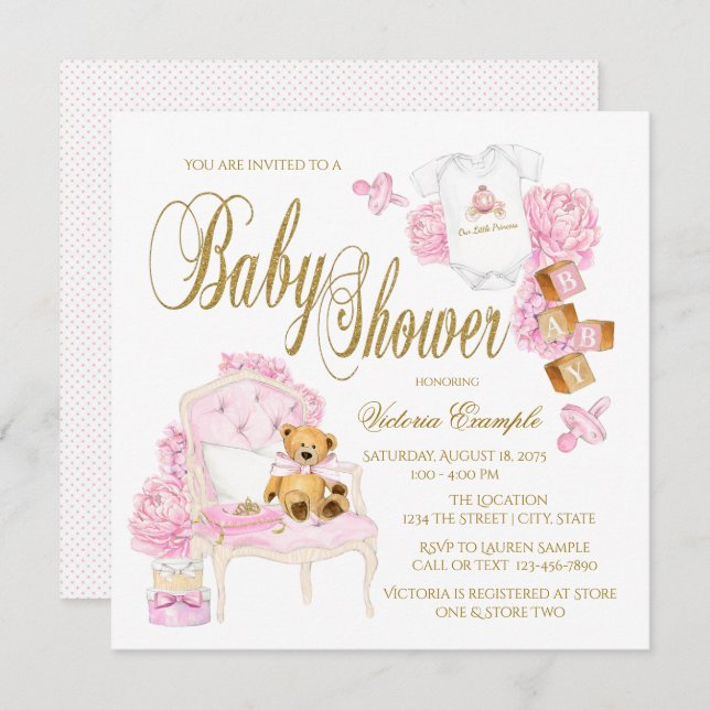 Inbjudningar till rosa Guld Watercolor Baby Shower (Fram/baksida)
