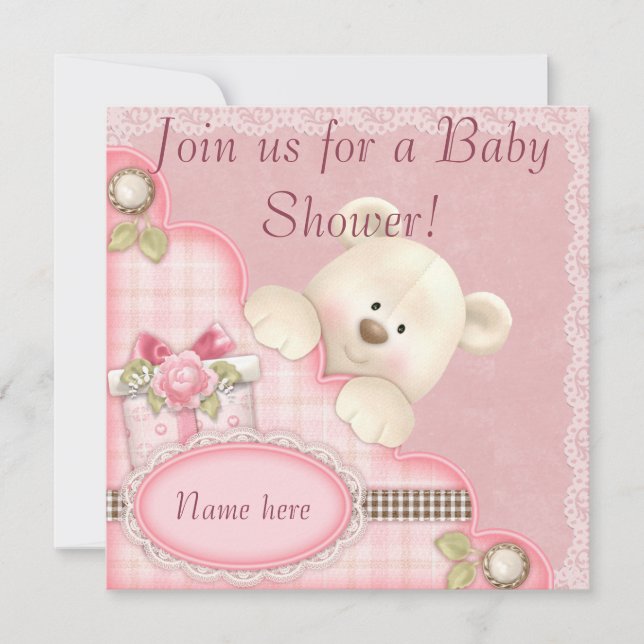 Inbjudningar till rosa Nalle Baby Shower (Framsida)