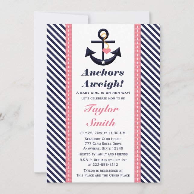 Inbjudningar till Rosa Navy Anchor Nautical Baby S (Framsida)