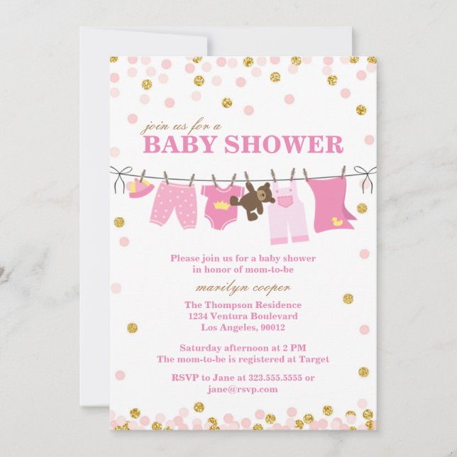 Inbjudningar till rosa och Guld Baby Shower (Framsida)