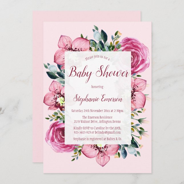 Inbjudningar till rosa Orchids & Ro Baby Shower (Fram/baksida)