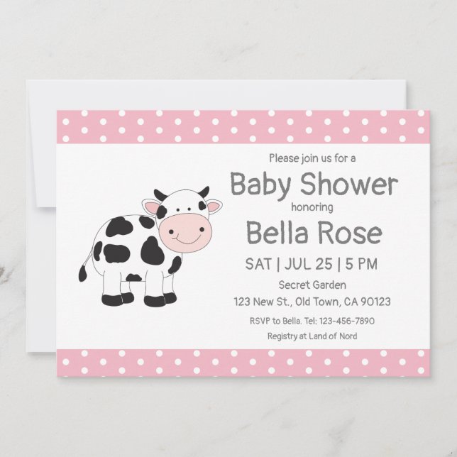 Inbjudningar till rosa Polka dots Cow Baby Shower (Framsida)