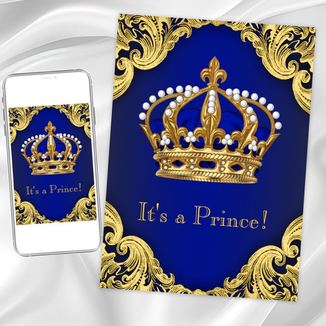 Inbjudningar till royalet Prince Baby Shower (Royal blue gold prince crown any occasion invitation.)