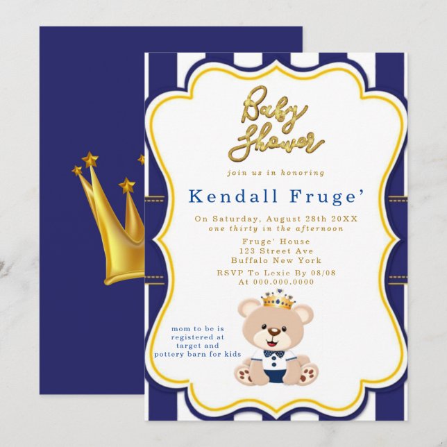 Inbjudningar till royalet Prince Nalle Baby Shower (Fram/baksida)