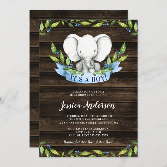 Inbjudningar till Rustic Elephant Boy Baby Shower (Fram/baksida)