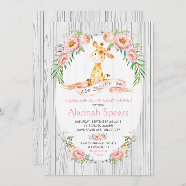 Inbjudningar till Rustic Giraffe Rosa Blommigt Bab (Fram/baksida)