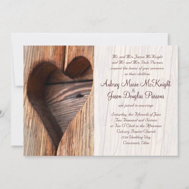 Inbjudningar till Rustic Land Wooden Heart Wedding (Framsida)