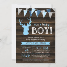 Inbjudningar till Rustic Wood Blue Hjort Boy Baby 