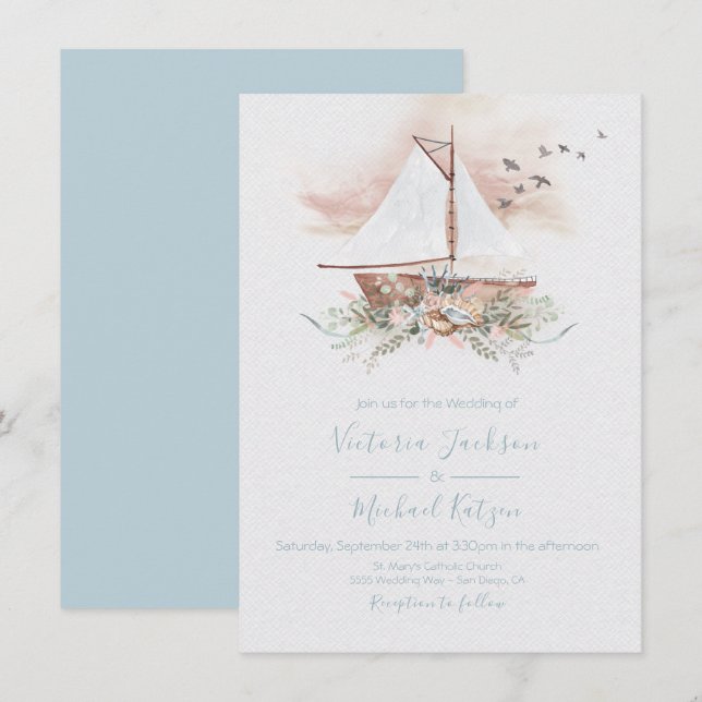 Inbjudningar till Sailing Boat Nautical Wedations (Fram/baksida)