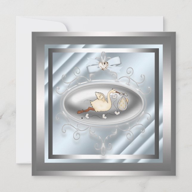 Inbjudningar till Silver Blue Stork Pojke Shower (Framsida)