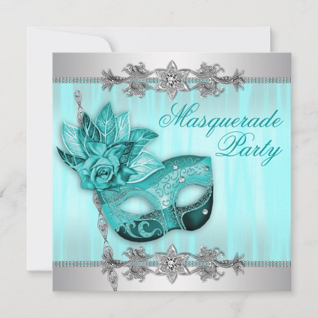 Inbjudningar till Silver Teal Blue Masqueraparty (Framsida)