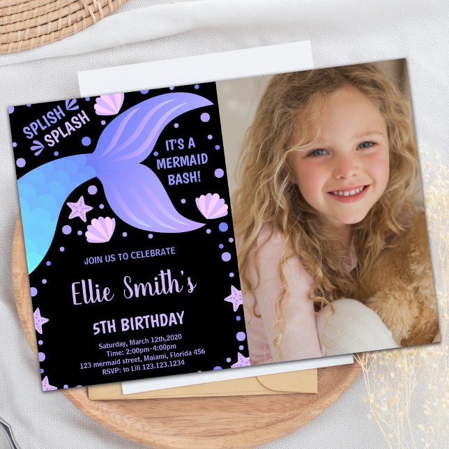 Inbjudningar till Sjöjungfru av Photo Lila Blue Sv (Photo Purple Blue Tail Shell Mermaid Invitations)