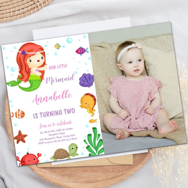 Inbjudningar till Sjöjungfru med liten Orange-hårl (Little Orange Hair Mermaid Invitations with photo)