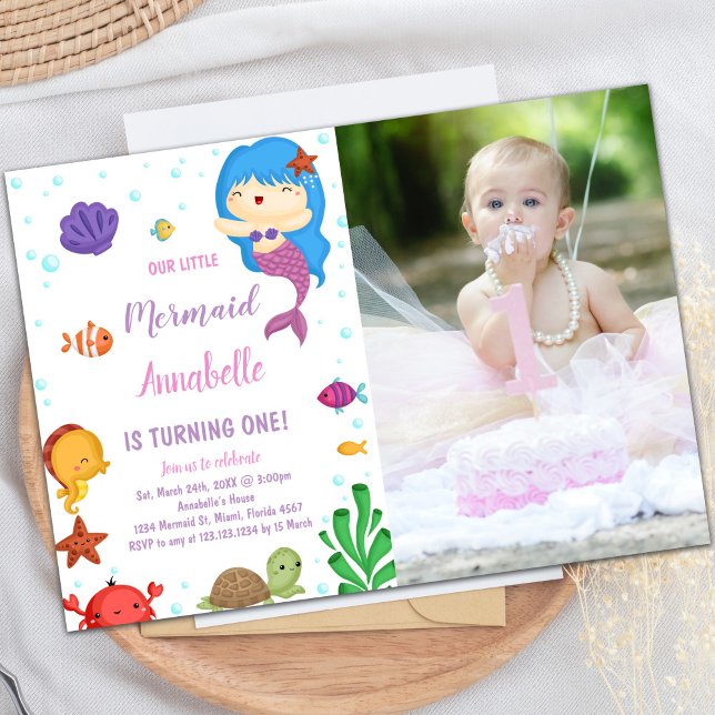 Inbjudningar till Sjöjungfrun Little Blue Eeir med (Little Blue heir Mermaid Invitations with photo)