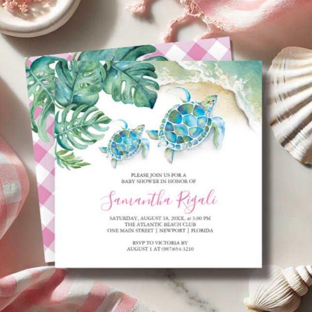 Inbjudningar till slussaren för spädbarn - Tropisk (Girl baby shower invitations for sip and see features tropical sea turtle art Victoria Grigaliunas)