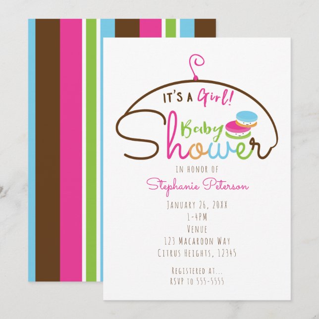 Inbjudningar till små Macaroons Girl Baby Shower (Fram/baksida)