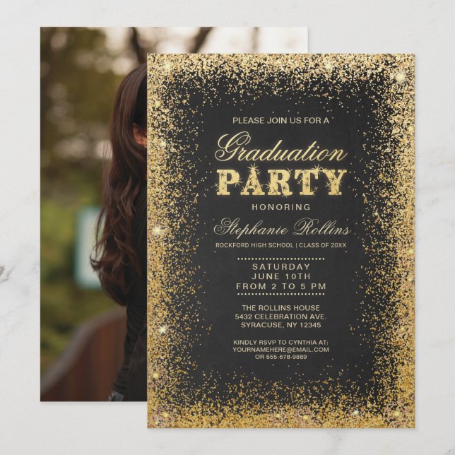 Inbjudningar till Studentfesten Guld och Glitter (Fram/baksida)