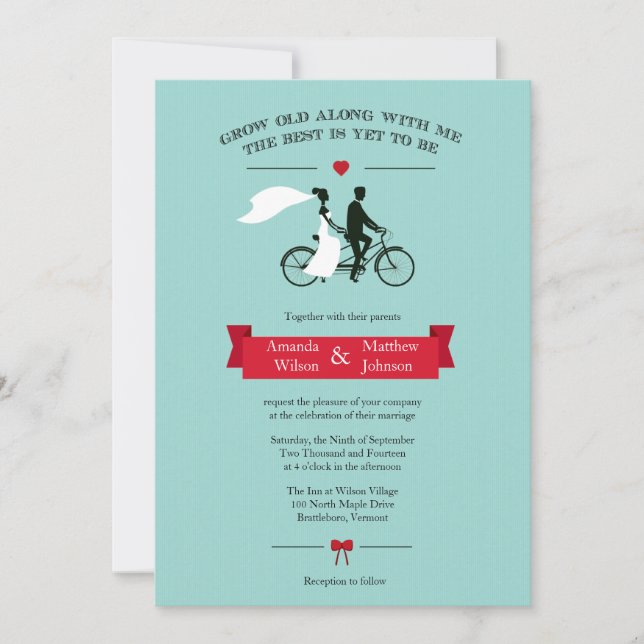 Inbjudningar till Tandem Bicycle Aqua och Red Wedd (Framsida)