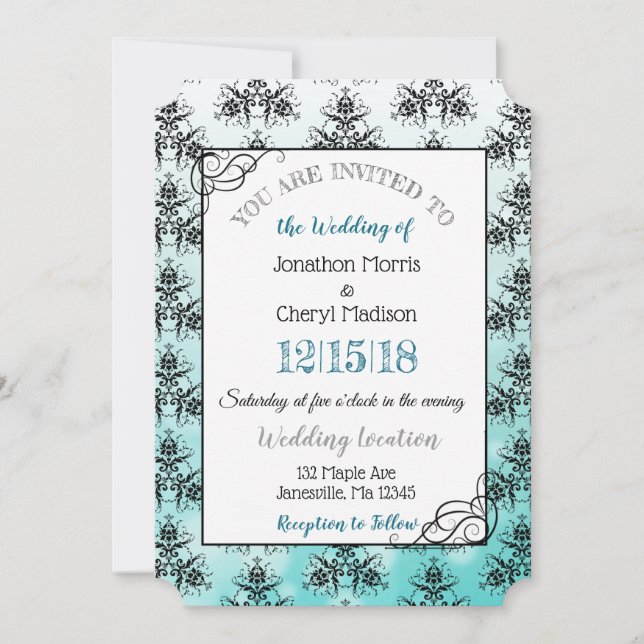 Inbjudningar till Teal Black Damask Classy Wedding (Framsida)