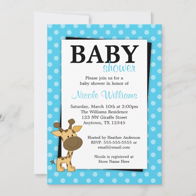 Inbjudningar till Teal BluePolka Dot Giraffe Baby  (Framsida)