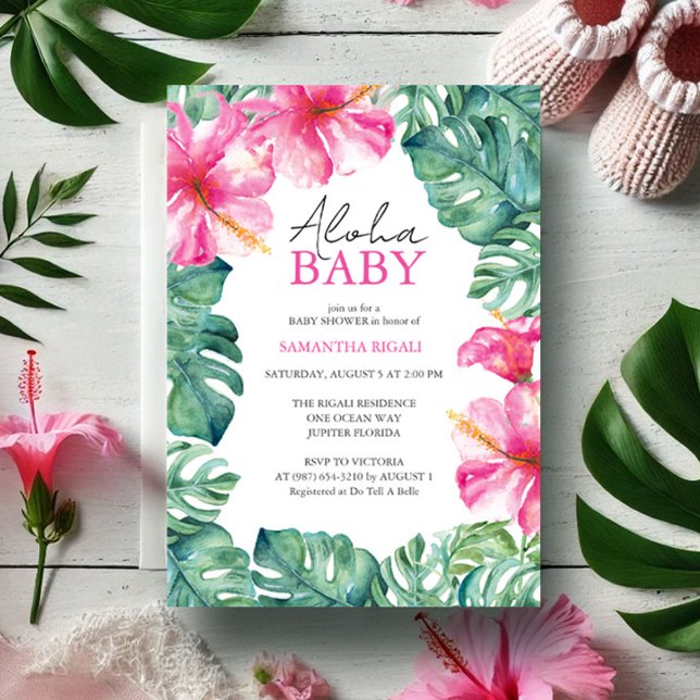 Inbjudningar till Tropical Baby Shower Aloha (Baby shower invitations feature tropical pink flowers & monstera palm leaf art Victoria Grigaliunas)
