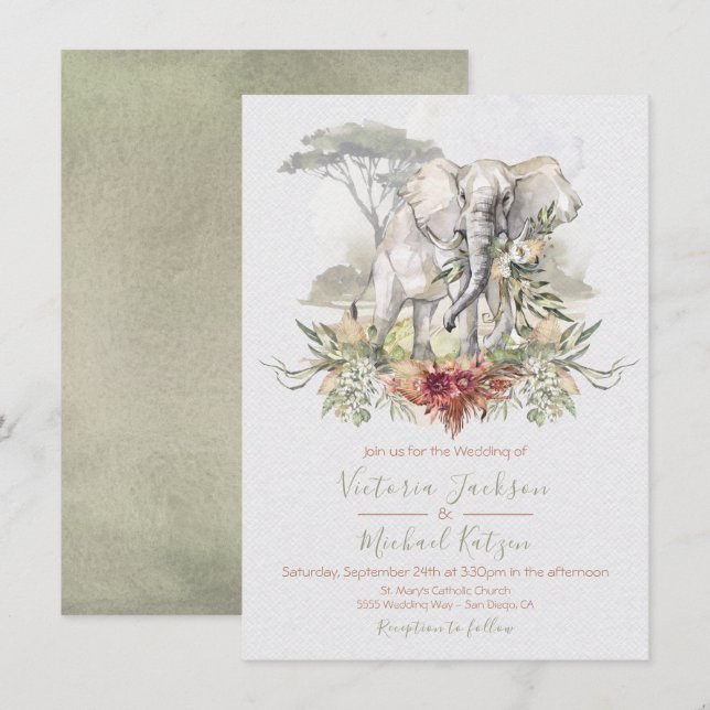 Inbjudningar till Tropical Jungle Elephant Wedding (Fram/baksida)