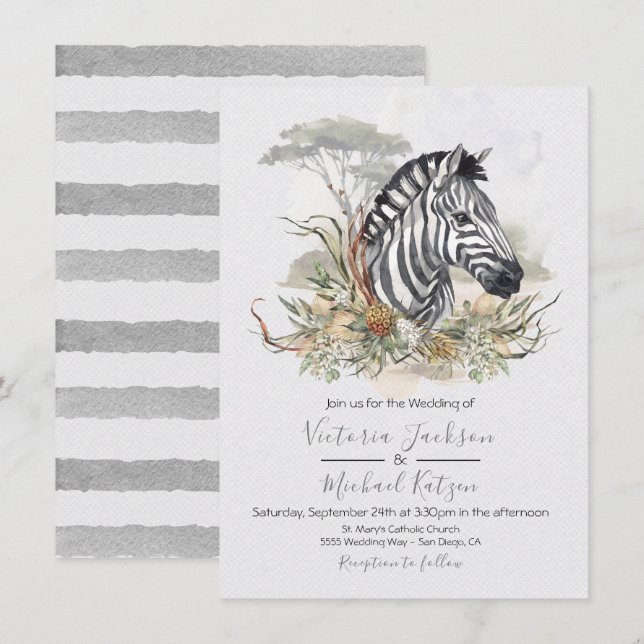 Inbjudningar till Tropical Jungle Zebra Wedding (Fram/baksida)