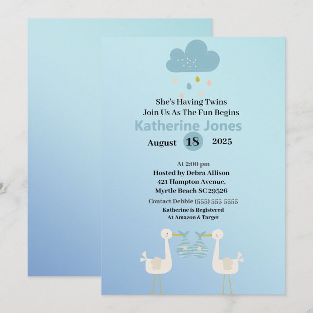 Inbjudningar till Twin Boys Stork Baby Shower (Fram/baksida)