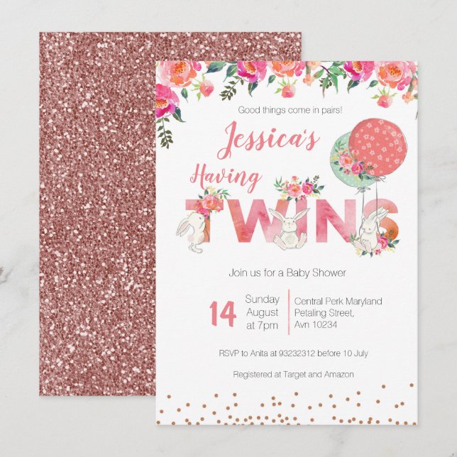 Inbjudningar till Twin Girls Baby Shower (Fram/baksida)