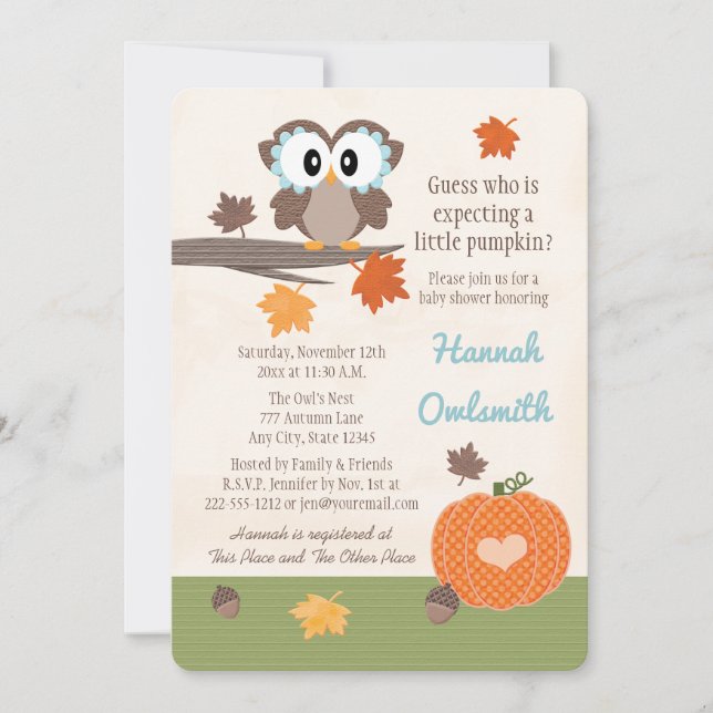 Inbjudningar till uggla och Pumpkin Baby Shower (Framsida)