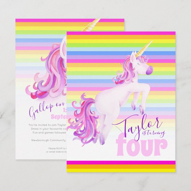 Inbjudningar till Unicorn Art Rinbow 4e födelsedag (Fram/baksida)