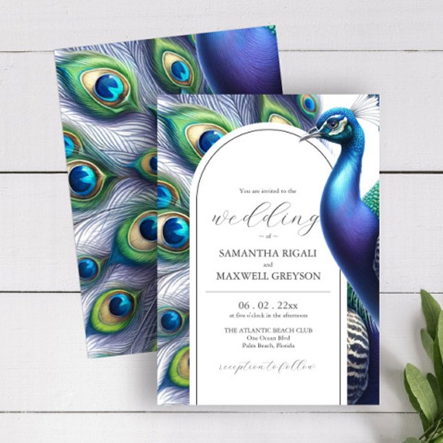 Inbjudningar till vattenfärgsfotbolls-bröllop (Watercolor peacock wedding invitation in shades of purple blue and green by Do Tell A Belle)