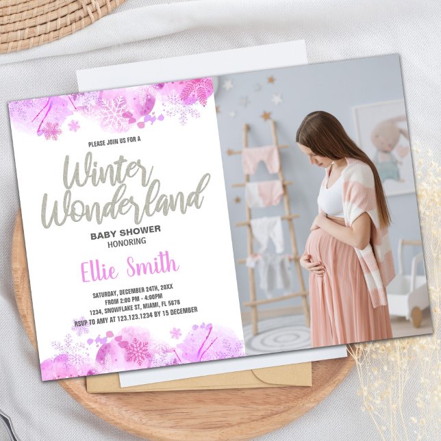 Inbjudningar till Vinter Baby Shower Glitter med f (Winter Baby Shower Invitations Glitter with photo)