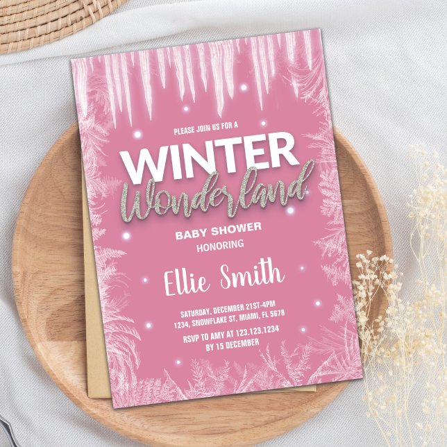 Inbjudningar till Vinter Baby Shower Ice Glitter R (Winter Baby Shower Invitations Ice Glitter Pink)