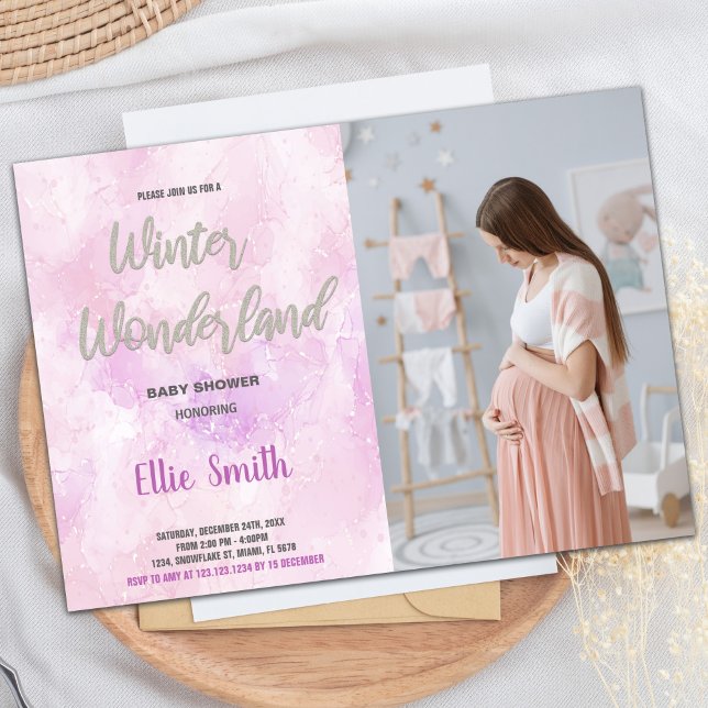 Inbjudningar till Vinter Baby Shower Rosa Glitter  (Winter Baby Shower Invitations Pink Glitter Photo)