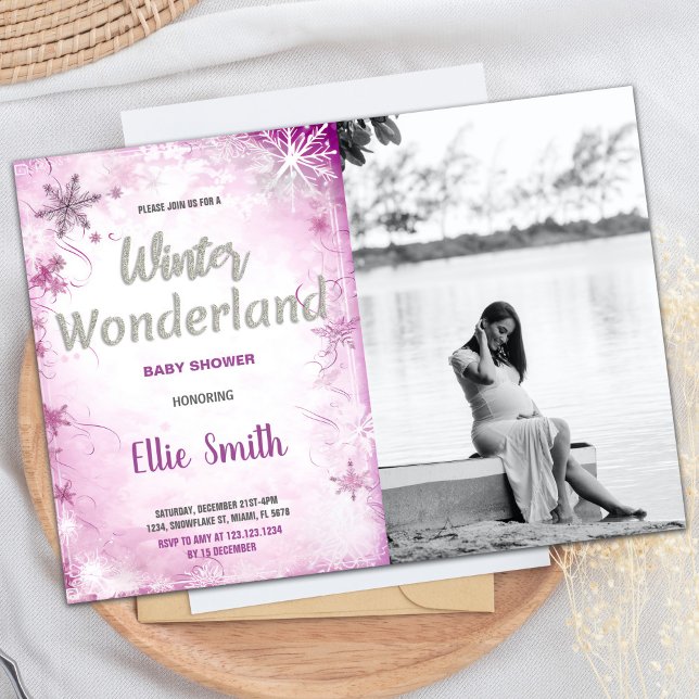 Inbjudningar till Vinter Baby Shower Rosa Glitter  (Winter Baby Shower Invitations Pink Glitter Photo)