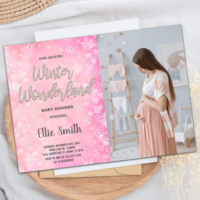 Inbjudningar till Vinter Baby Shower Rosa Snö Phot (Winter Baby Shower Invitations Pink Snow Photo)