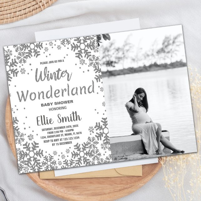 Inbjudningar till Vinter Baby Shower Silver med fo (Winter Baby Shower Invitations Silver with photo)