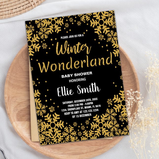 Inbjudningar till Vinterbabyskor Golden Black (Winter Baby Shower Invitations Golden Black)