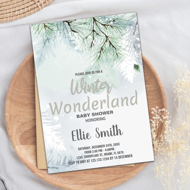 Inbjudningar till Vinterbabyskor Gräs Glitter Silv (Winter Baby Shower Invitations Pine Glitter Silver)