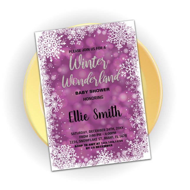 Inbjudningar till Vinterbabyskor Lila Silver (Winter Baby Shower Invitations Purple Silver)
