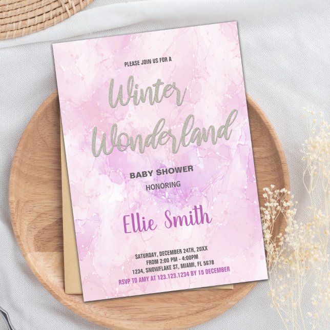 Inbjudningar till Vinterbabyskor Rosa Glitter Silv (Winter Baby Shower Invitations Pink Glitter Silver)