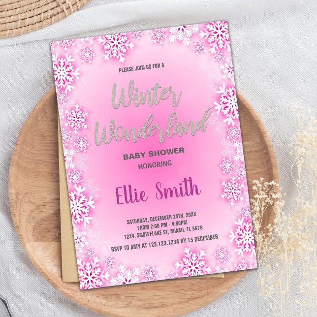 Inbjudningar till Vinterbabyskor Rosa Snö Glitter (Winter Baby Shower Invitations Pink Snow Glitter)